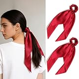 Pack of 2 Knotted Bow Hair Scrunchies Elastic Hair Scarf Hair Ties Bands Satin Hair Ribbon Scrunchy Red Ponytail Holder for Women and Girls, Hair Scarf Scrunchies, Hair Accessories (Burgundy)