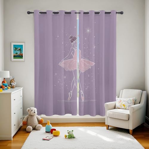 Générique Rideau Occultant Ballerine, Motif Fille Danseuse de Ballet, Rideaux Thermiques à Oeillets pour Chambre Salon, Violet Blanc Lot de 2 Décoration de...