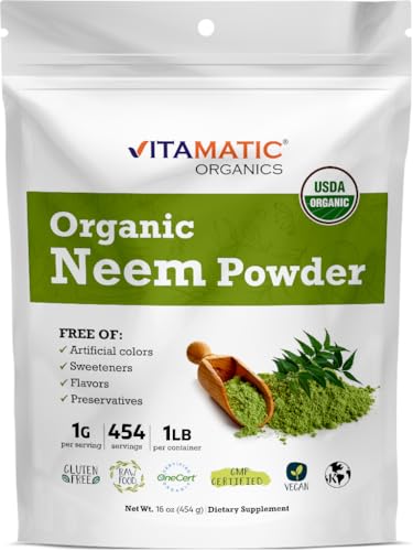 Vitamatic Certified USDA Organic Neem Leaf Powder 1 lb (16 oz) 100% Pure Azadirachta Indica | Traditional Ayurvedic Herb for Skin Immune and Detox Support