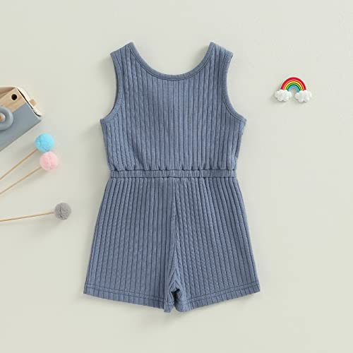 Aeemcem Toddler Baby Girl Summer Clothes Ribbed Sleeveless Button Down Tank Top Short Jumpsuit Rompers One Piece Outfit (A-Blue, 18-24 Months) #TOP2