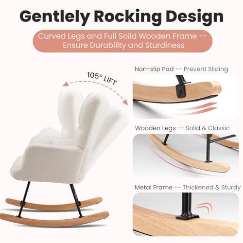 DUMOS Schaukelstuhl, Teddy-gepolsterter Sessel mit Hoher Rückenlehne, Moderner Stil Schminktisch Stuhl, Komfortabler Rückenlese-Ohrensessel, geeignet für Wohnzimmer, Schlafzimmer (Weiß)