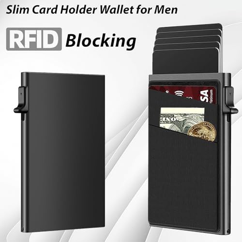 Slim Card Holder Wallet for Men,RFID Blocking,Minimalist Pop Up Card Holder,Can holds 10+ Cards,Gifts for Men (Grey)2