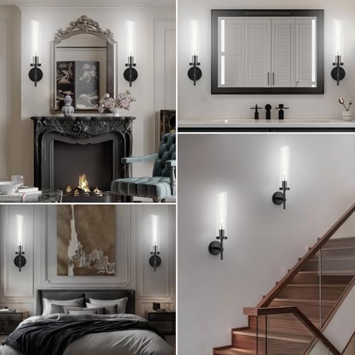 Image of Black Wall Sconces Set of 2, 19.5 inch Knurled Matte Black Bathroom Vanity Light Fixture with Clear Glass Tube, Modern Industrial Wall Lamp for Bathroom Mirror Bedroom Living Room Hallway Stairs