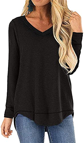 Shirts for Women V Neck Shirt Loose Fit Tunic Top Side Split Black Large