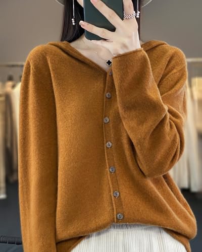 Image of Cashmere Sweaters for Women Button Down V Neck Hooded Cardigan Casual Loose Long Sleeve Soft Knit Pullover Tops