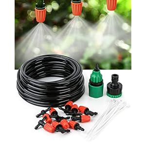 Mist Irrigation Kits,Micro Drip Irrigation Kit with 10M 1/4″ Blank Distribution Tubing,10pcs Adjustable Nozzle,Quick Adapter,10pcs Nylon Cable Tie,Patio Misting Plant Watering System