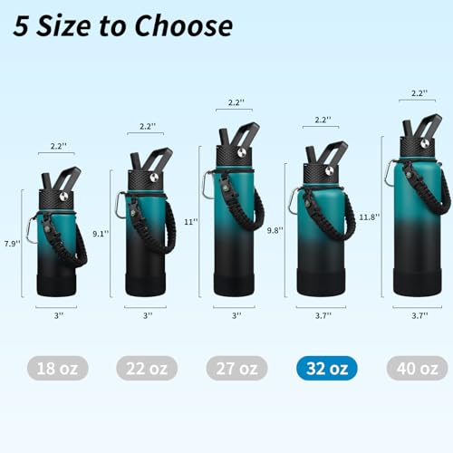 Image of BJPKPK 32oz Insulated Water Bottle with 3 Lids, Straw Lid & Handle | BPA-Free 18 /8 Stainless Steel Bottle with Leak-Proof Lids, Paracord Handle & Removable Silicone Boot for Gym, Hiking, Travel