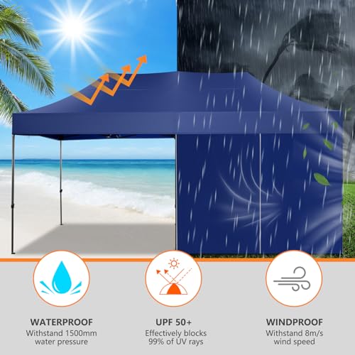 Image of COBIZI 10x20 Heavy Duty Pop Up Canopy Tent with 6 Sidewalls Thicken Frame, Commercial Easy Up Outdoor Wedding Party Tents, All Season Waterproof Windproof with Stakes Sandbags Ropes Roller Bag, Navy