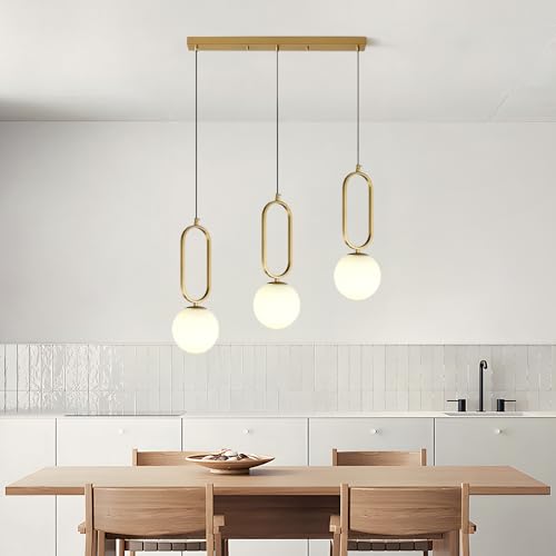 Image of 3 Light Modern Pendant Light Fixtures Mid Century Chandelier White Globe Glass Pendant Lights Vintage Brass Hanging Lamp for Kitchen Island Bedroom Dining Room