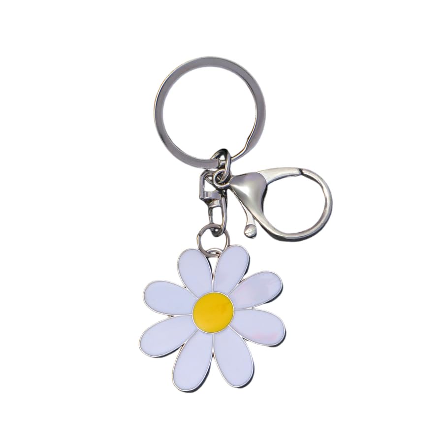 tenghong2021 Bonito llavero de margaritas con dije floral para monedero, llaves, llavero de metal, regalo para mujeres, amantes de las flores, accesorios, blanco (01), S