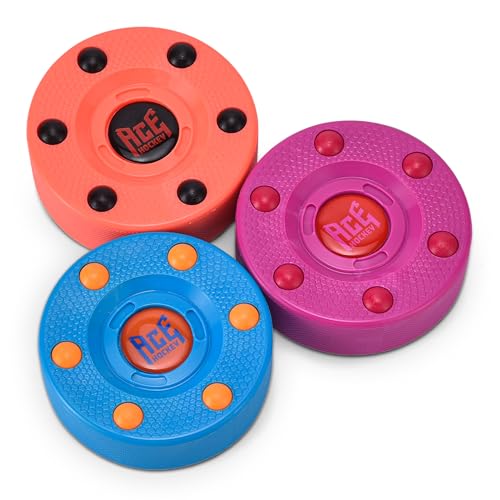 ACE HOCKEY Roller Hockey Pucks – 3-Pack, 3' Regulation Size – Indoor/Outdoor Practice for Asphalt, Concrete & Sport Court – Smooth Gliding Puck for Street, Inline & DEK Hockey – Bright Berry Colors
