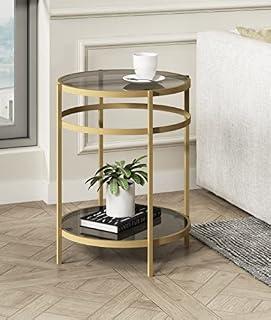 Hallowood Furniture Bourton Golden Metal Round Coffee Table with Tinted Glass for Living Room  Side Table with Powder Coated Metal Frame for Bedroom with Shelf  Sofa Side Magazine Table  End Table