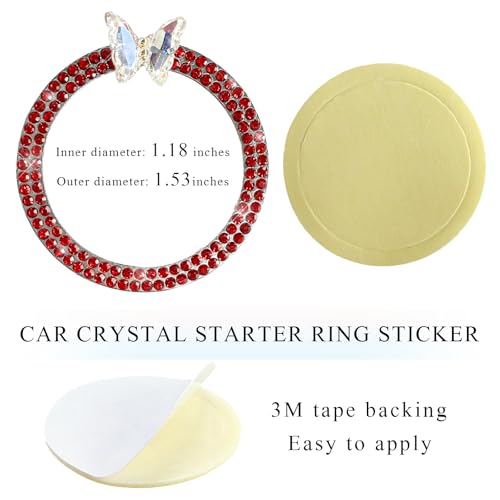 Image of DXNQ Bling Ring Emblem, Sparkling Butterfly Car Buttons and Knobs Ring, Girly Butterfly Diamond Car Engine Start Button Cover, Key Ignition Knob Rings Decoration for Women (Red, Double Row)