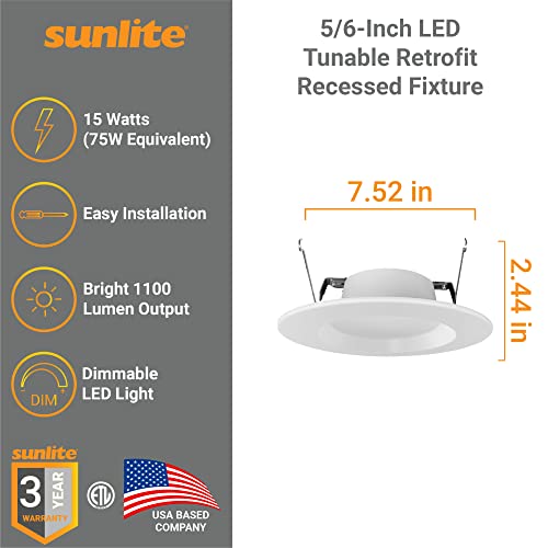 Sunlite 87793 5 Or 6-Inch Retrofit Recessed Downlight, 15 Watts (75W=), 1100 Lmns, Color Selectable 27K/30K/35K/40K/50K, 90 Cri, Dimmable, Etl Listed, White, For Entryways, Hallways & Residential Use #TOP1