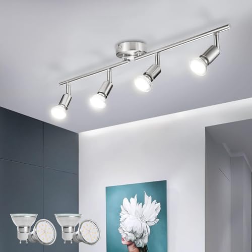Bojim Faretti LED da Soffitto Orientabili Lampada, Plafoniera Lampadario Applique Interno, Parete Barra Luci Inclusi 4 x 6W GU10 Moderni, per Bagno Cucina Camera Corridoio, Neutra Bianco, Nichel Opaco