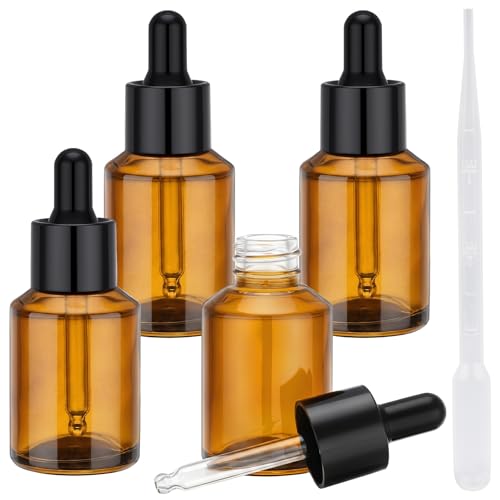Segbeauty 1oz Amber Glass Dropper Bottles for Travel Toiletries, 4pcs Small Refillable Perfume Oil Bottles with Dropper, 30ml Travel Eye Droppers, Cosmetic Liquids Serum Container with Transfer Tool