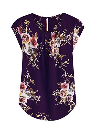 Milumia Women s Elegant Floral Print Petal Cap Sleeve Pleated Vacation Office Work Blouse Top Purple Small