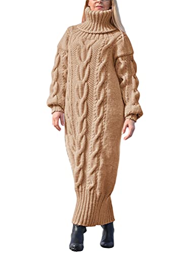 Minetom Damen Strickkleid Grobstrick Pulloverkleid Tunika Kleid Rollkragen Langarm Maxi Kleid Pullikleid Lang Strickpullover Wickelkleid A Khaki XXL
