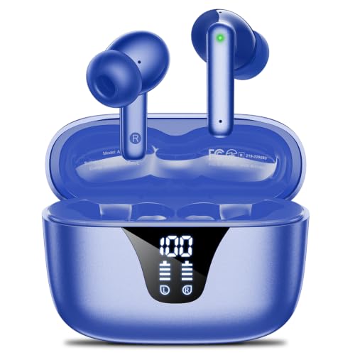 Image of Wireless Earbuds, 50H Playtime Bluetooth Headphones, LED Display Case | Bluetooth 5.3, IPX7 Waterproof, Deep Bass Stereo, in-Ear Earphone with Mic for iPhone /Android /Tablet /Laptop /Sport, Navy