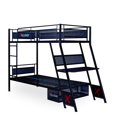 X Rocker Armada Gaming Bunk Bed, Durable Metal Frame, Built-in Gaming Desk, Safe Ladder, Grid Mesh Sides, 7000301, 95.6" x 41.5" x 64.2", Twin Over Twin, Black