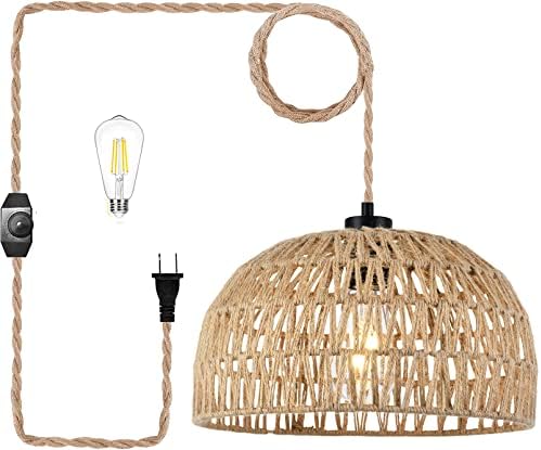 Plug In Pendant Light Hanging Lights With Plug In Cord Dimmable Rattan Hanging Lamp Wicker Woven Basket Lampshade,Farmhouse Industrial Boho Plug In Ceiling Light Fixture For Living Room Kitchen Island