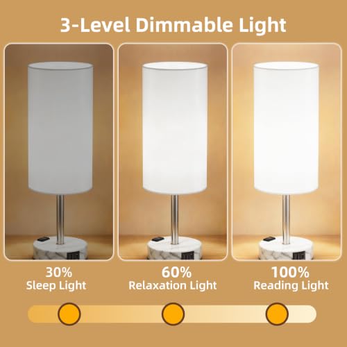 Image of Table Lamp, Dimmable Touch, AC Outlet, USB A+C (White&Marble) | 3-Way Dimmable, Small Touch Lamp with Eye-Care LED Bulb, Ideal Bright Lighting Bedside Lamps for Nightstand, Bedroom, Reading