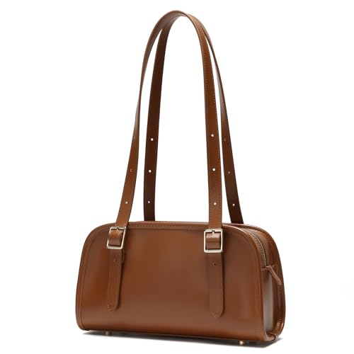 Keyli Bolsa de ombro feminina moderna com fecho de zíper de couro com alça ajustável, Marrom