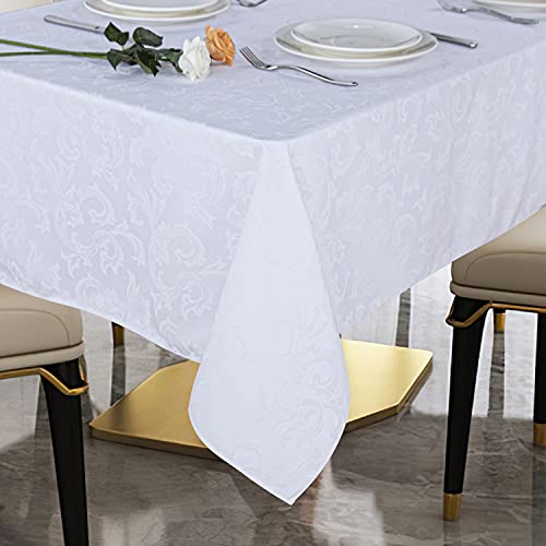 Obstal 210GSM Solid Flower Jacquard Table Cloth - Heavy Duty Waterproof Wrinkle Free Microfiber Tablecloth, Decorative Fabric Table Cover for Outdoor and Indoor Use (White, Square 60 x 60 Inch)