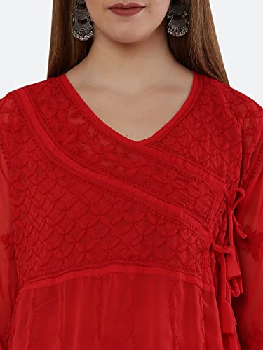 Image of FAWOMENT Ethnic Designer Angarkha A-Line Georgette Kurta with Exclusive Hand Embroidered Lucknowi Chikankari for Women