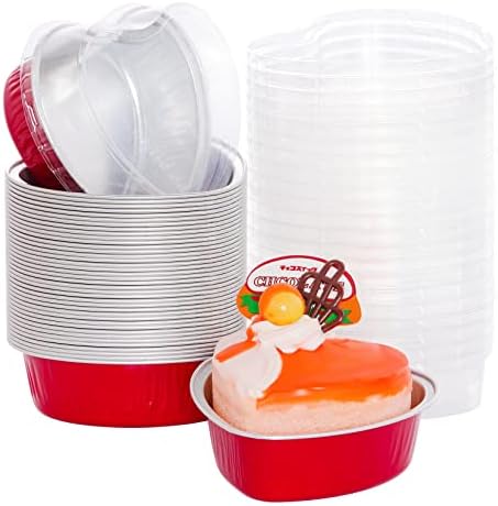 40 Pieces Aluminum Cake Pans with Lids Heart Shaped Foil Cupcake Cups 100ml 3.4oz Mini Baking Pans for Valentines Mother's Day Wedding Christmas Birthday Anniversaries(Red)