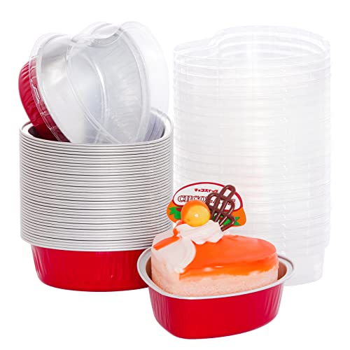 40 Pieces Aluminum Cake Pans With Lids Heart Shaped Foil Cupcake Cups 100Ml 3.4Oz Mini Baking Pans For Valentines Mother's Day Wedding Christmas Birthday Anniversaries(Red) #TOP2