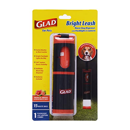 Image of Glad for Pets Bright Leash Waste Bag Dispenser with Flashlight Dog Waste Bag Dispenser Includes 15 Dog Waste Bags with Safety Lights for Walkers Refillable Pet Waste Bag Dispenser for Dog Walking