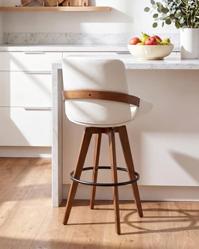 Image of AQG Counter Height Bar Stools Set of 6, Mid Century Modern Bar Chairs Swivel with Back, Faux Leather Upholstered Barstools Walnut Wood Frame for Kitchen Island (White, 26 Inch - 6 PCS)