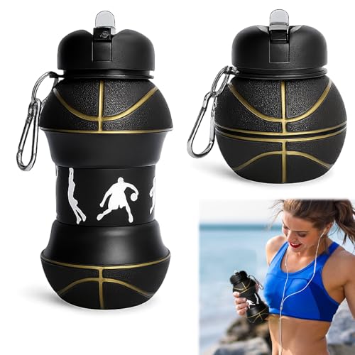 Ebksqs Faltbare Basketball Trinkflasche 550ml BPA-frei Silikon wasserflasche faltbar für Sport & Reise kompakter Geschenk Basketball-Trinkflasche (Schwarz)