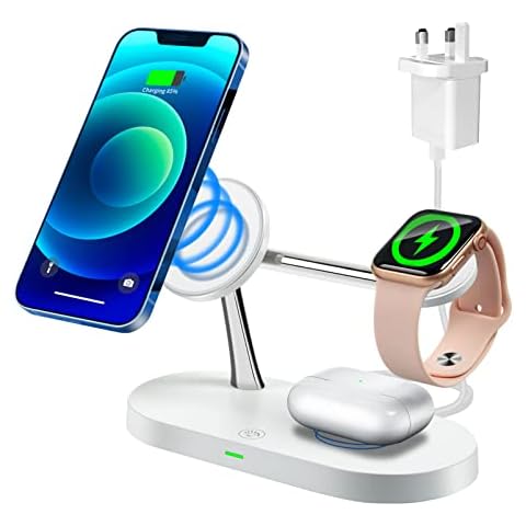 3C Kingdom 3 in 1 Magnet Wireless Charger Station, Charging Dock for Mag-Safe Stand with 18W Adapter, iPhone 12/12 Pro/12 Pro Max/13/13 Pro/13 Max, iWatch 2/3/4/5/6/SE and Airpods 2/Pro (White) Cover
