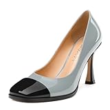 GUAVAIVY Women's Pumps, Two Toned Patchwork Square Closed Toe High Heels, Fashion Slip On Daily Dressy Shoes for Women Grey Patent Size 8.5
