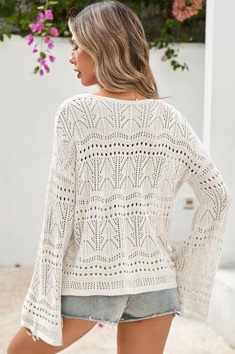 Image of Cakulo Womens Summer Crochet Tops Boho Off Shoulder Sweaters Lightweight V Neck Loose Vacation Resort Wear 2026
