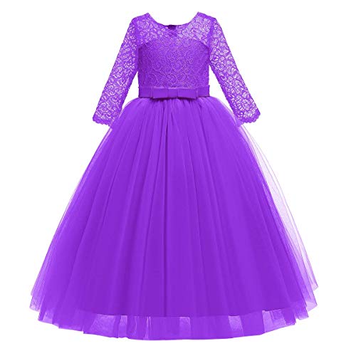 Image of Girls Flower Vintage Floral Lace 3 /4 Sleeves Floor Length Dress Wedding Party Evening Formal Pegeant Dance Gown