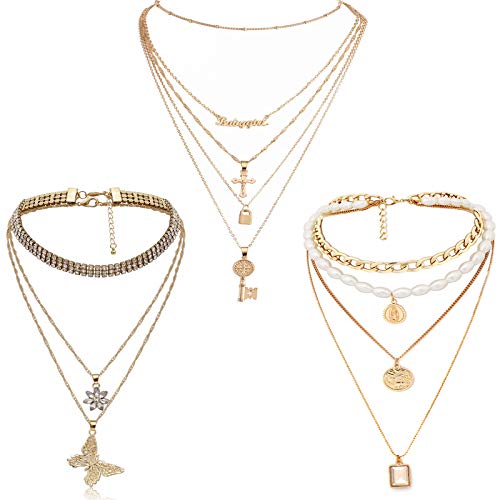 NSLS 3 Pieces Dainty Layered Choker Necklace Red Rhinestone Multilayer Gold Long Chain Crystal Cross Pendant Necklaces for Women Girls (B)