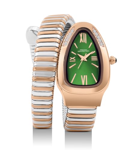 Image of French Connection Eternelle Curve | Green Dial with Rose Gold Case | Flexible Wrap Bracelet Strap | Crystal Accent Design | Roman Numerals Analog Watch for Women - FCN0142NRTM