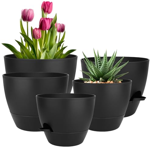 Comparison: Best Pots For Bottom Watering 3 QRRICA Plant Pots 10/9/8/7.5/7 Inch Self Watering Pots, Set of 5 Plastic Planters with Drainage Holes and Saucers,Plastic Flower Pots,Nursery Planting Pot for Indoor Out Door Plants(All Black)