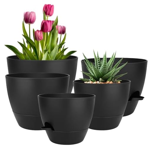 QRRICA Plant Pots 10/9/8/7.5/7 Inch Self Watering Pots, Set of 5 Plastic Planters with Drainage Holes and Saucers,Plastic Flower Pots,Nursery Planting Pot for Indoor Out Door Plants(All Black)