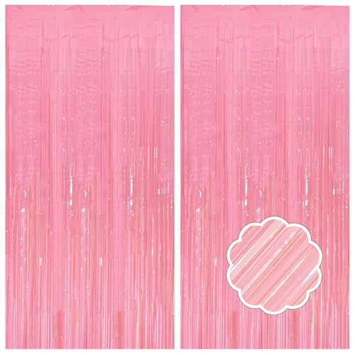 2 Pack Pastel Pink Streamers Pink Foil Fringe Curtains Tinsel Backdrop Birthday Decorations Light Pink Backdrop Halloween Baby Shower Valentines Wedding Princess Party Decorations