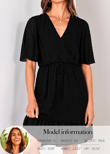 KIRUNDO Womens Summer Dresses 2026 Casual Spring Short Sleeve V Neck Ruffle Swiss Dot High Waist Belted Flowy Mini Dress, Style2-black, X-Large — view 4