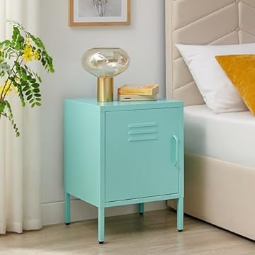Furniturebox UK Light Blue Metal Bedside Table with Door - Teksi - Industrial Metal Locker Style Cabinet - Internal Shelf For 2 Tiers Bedroom Storage - Living Room End Table - Modern Design