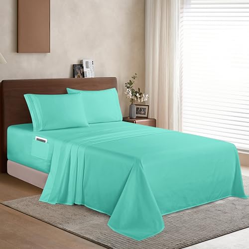 Elegant Comfort Luxury 1500 Premium Hotel Quality Microfiber 4-Piece Sheet Set - Soft, All Around Elastic 18-24 Inches Deep Fitted Sheet - Extra Deep Pocket Sheets, Full, Paradise Teal