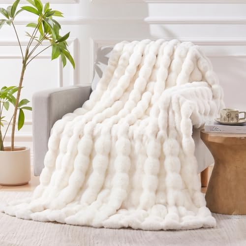 Manta de piel sintética para sofá, suave, lujosa, mullida y esponjosa con diseño de burbujas para sala, dormitorio y sala de estar, regalos para el Día de la Madre y cumpleaños para mujer