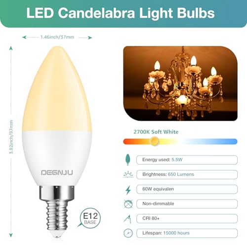 Image of DEGNJU LED Candelabra Light Bulbs 60W Equivalent, Chandelier Light Bulbs Soft White 2700K, E12 LED Bulb, Type B Light Bulb 5.5W, Candelabra Base, 120V, B11 Candle Light Bulb, Non-Dimmable, 10 Pack