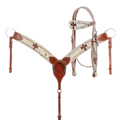 Showman Leather Headstall & Breast Collar Set w/Genuine Cowhide & Leather Crosses