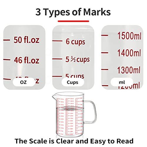 Luvan 50Oz/6 Cups Glass Measuring Cup, Easy To Read With 3 Measurement Scales (Ml/Oz/Cup), Insulated Handle And V-Shaped Spout, High Borosilicate Glass Measuring Cup, Ideal For Kitchen Or Restaurant #TOP2